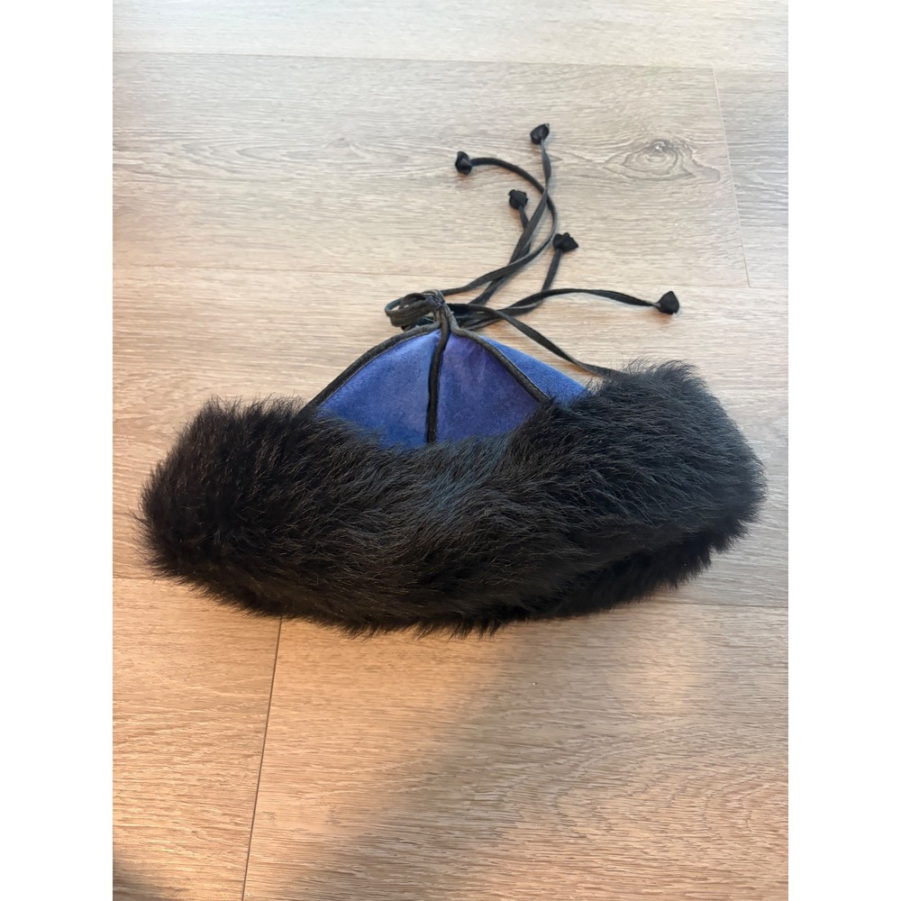 Vintage Blue Genuine Suede Faux Fur Trim Cossack Hat Quilted Lining Black Blue